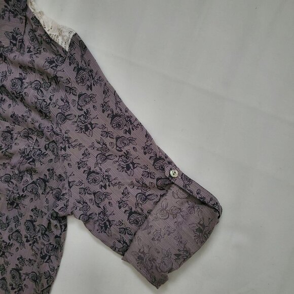 About A Girl Women’s Button-Down Roll Tab Long Sleeve Floral Gray Blouse Large - Picture 10 of 13